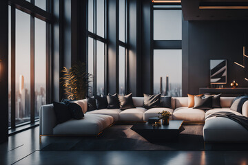 Modern interior with grey sofa in spacious room. Armchair and table. Luxury accessories. Home decor. Generative AI