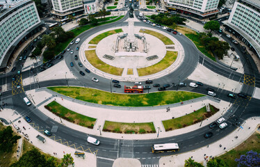 Aerial drone view of Marquis of Pombal Square roundabout in Lisbon, Portugal, a major landmark in...