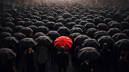 The Red Umbrella: Standing Out in a Sea of Black. Generative AI - obrazy, fototapety, plakaty