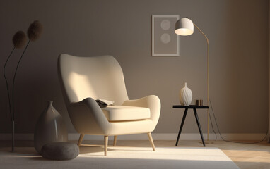  Living room with ivory armchair against a dark background, Generative AI	