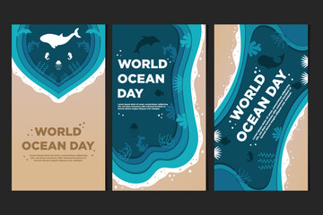Vektor Social Media Story Template World Ocean Day with Paper Cut Style