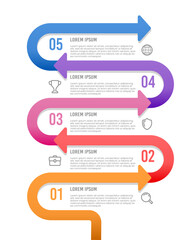 Timeline vertical infographics template 5 steps or options with line arrows, workflow, or process diagram. Vector illustration.