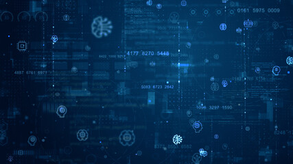 Obraz premium Blue digital artificial intelligence (AI) icon and data matrix simulation with futuristic HUD screen technology on blue abstract background