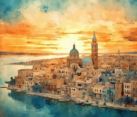 Fototapeta na wymiar Watercolor beautiful sunset view of old town and city Generative Ai