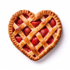 Strawberry pie in form of heart. Top view on white background. AI generative