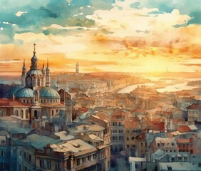 Fototapeta na wymiar Watercolor beautiful sunset view of old town and city Generative Ai