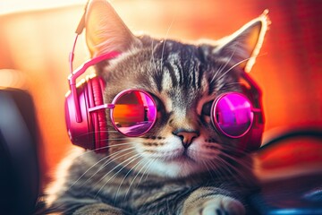 Cute Cat DJ Wearing Goggles, Listening to Music on Turntable - Cool Party Entertainment. Generative AI - obrazy, fototapety, plakaty