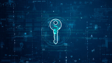 Blue digital security Key logo and futuristic circle HUD with big data processed on grid line background and technology ai icon screen abstract background network secure concepts
