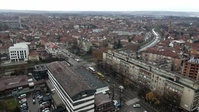 Aerial landscape footage of Leskovac, city in south Serbia, winter time.