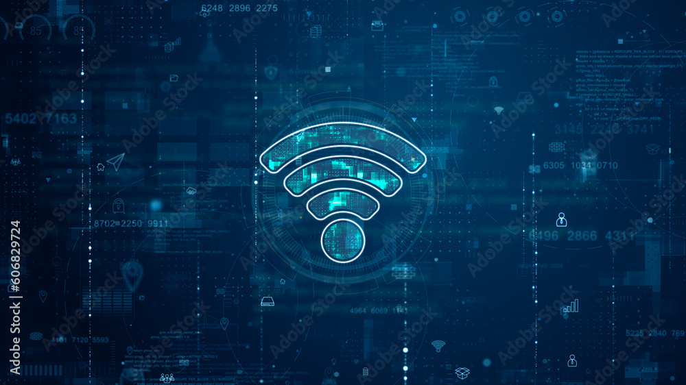 Poster blue digital wifi logo and futuristic circle hud with big data processed on grid line background and