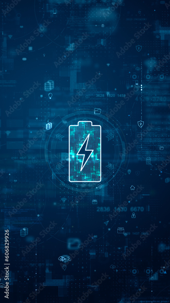 Wall mural blue digital battery logo and futuristic circle hud with big data processed on grid line background 