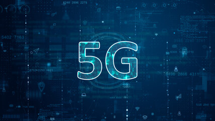 Blue digital 5G letter logo and futuristic circle HUD with big data processed on grid line background and technology ai icon screen abstract background next generation concepts