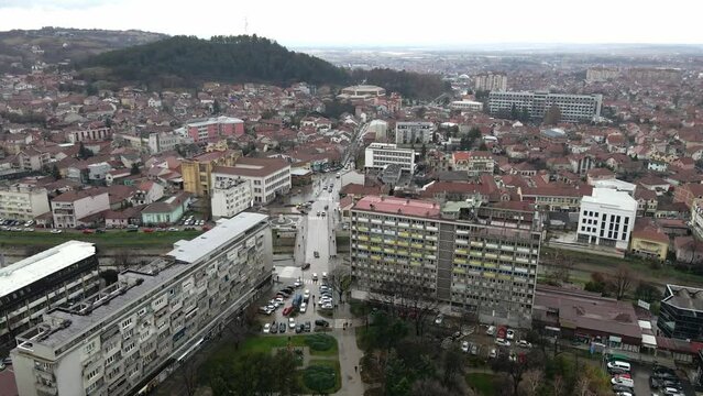 Aerial landscape footage of Leskovac, city in south Serbia, winter time.