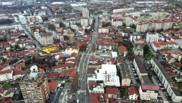 Aerial landscape footage of Leskovac, city in south Serbia, winter time.
