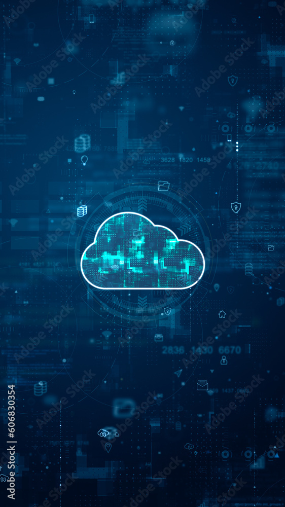 Poster blue digital cloud computing logo and futuristic circle hud with big data processed on grid line bac