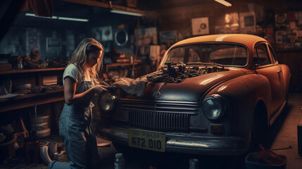 Generative A.I. realistic high detailed photo of a woman working at a car in a garage workshop, automotive theme, out of the box, oldtimer, blue-collar worker, hobbie, leisure