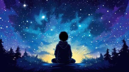 Fototapeta na wymiar A boy gazes at the starry sky with glitter glow. (Generative AI)