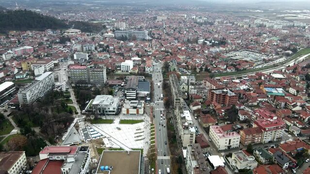 Aerial landscape footage of Leskovac, city in south Serbia, winter time.