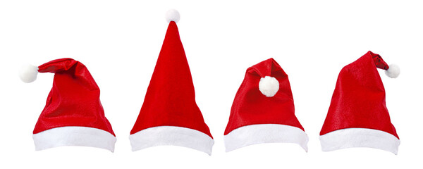 Santa Claus red hat with white fur set isolated transparent png. Christmas holiday decoration.
