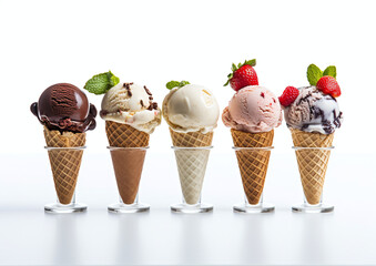 Variety of ice cream scoops in cones with chocolate, vanilla, blackberry, strawberry. generative ai