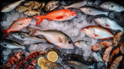 A lot of freshly caught seafood on ice at food market