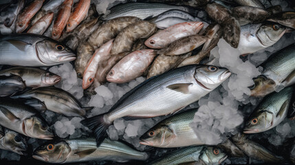 Obraz premium A lot of freshly caught seafood on ice at food market