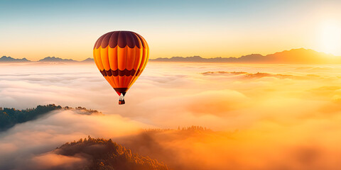 Obraz premium Air balloon floating through the clouds during sunrise. Generative AI