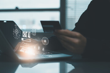 Engineer using laptop computer Create set command prompt teach AI learning online shopping , search process. develop intelligent systems. chatbot chat Artificial Intelligence system support developed