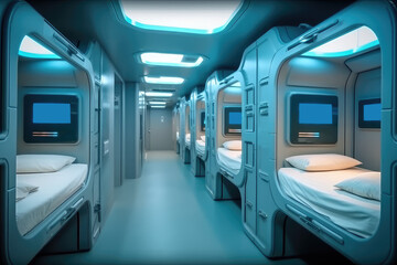 capsule hotel interior. AI Generated