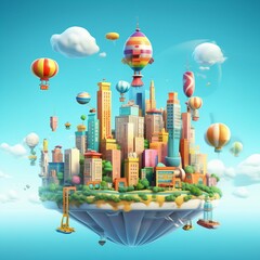 Cartoon Modern City Over Floating Island in Air, Isolated. Generative ai