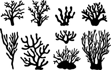 sea corals and seaweed black silhouette vector isolated, tempate for laser