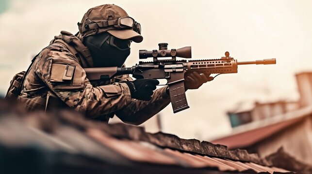 Soldier with Sniper Rifle in Hand on the Roof. Generative ai