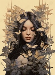 Generative ai woman's face with butterflies