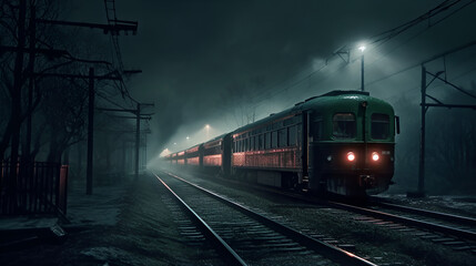 Fototapeta premium Night train passing through Berlyn. Generative AI 