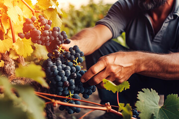 Farmer male hands picking grape, grapes harvest. Generative AI - obrazy, fototapety, plakaty