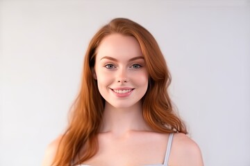 Fototapeta premium Portrait of a happy, confident, and healthy Caucasian woman with glowing skin and positivity. Generative AI