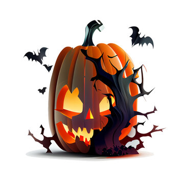halloween pumpkins,  ghost birds, ghost tree, funny faces pumpkins, Autumn holidays. Ai generated image