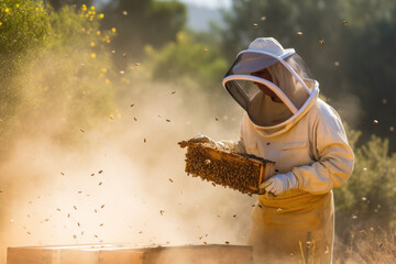 beekeeper with protection suit and helmet holding honeycomb with bees. generative ai