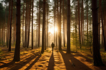person walking in the forest at sunset. generative ai