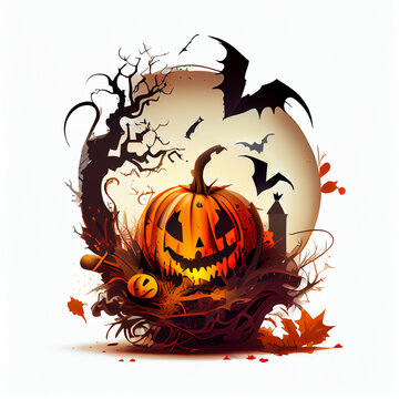 halloween pumpkins,  ghost birds, ghost tree, funny faces pumpkins, Autumn holidays.Ai generated image