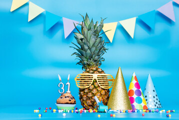 Creative background with pineapple character in sunglasses copy space. Happy birthday background...