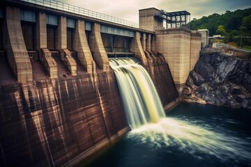 Hydroelectric Dam with Rushing Water Flowing. Generative ai