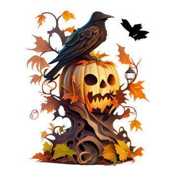 halloween pumpkins,  ghost birds, ghost tree, funny faces pumpkins, Autumn holidays.Ai generated image