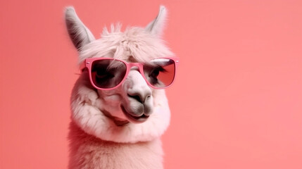Happy pink alpaca wearing sunglasses, pink color background