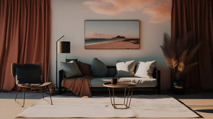 Fototapeta premium Surreal Interior Design with Mockup Frame Poster, 3D Render, 3D Illustration
