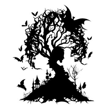 halloween ghost, women shape,  ghost birds, ghost tree, funny faces pumpkins, Autumn holidays.Ai generated image