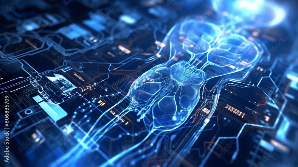 Wall mural electronic circuit board with processor with scan x ray abstract human body robot. digital blue mode