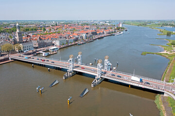 Aerial from the historical city Kampen at the river IJssel in the Netherlands