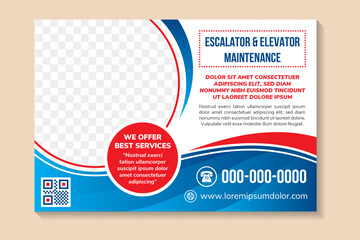 Horizontal Banner for escalator and elevator maintenance, creative concept for advertising, template for posting photos and text. Modern design with white background. blue gradient and red elements.