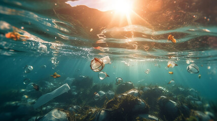 Naklejka na ściany i meble Plastic pollution in ocean environmental problem